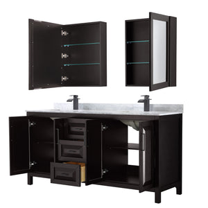 Daria 72 Inch Double Bathroom Vanity in Dark Espresso White Carrara Marble Countertop Undermount Square Sinks Matte Black Trim Medicine Cabinets