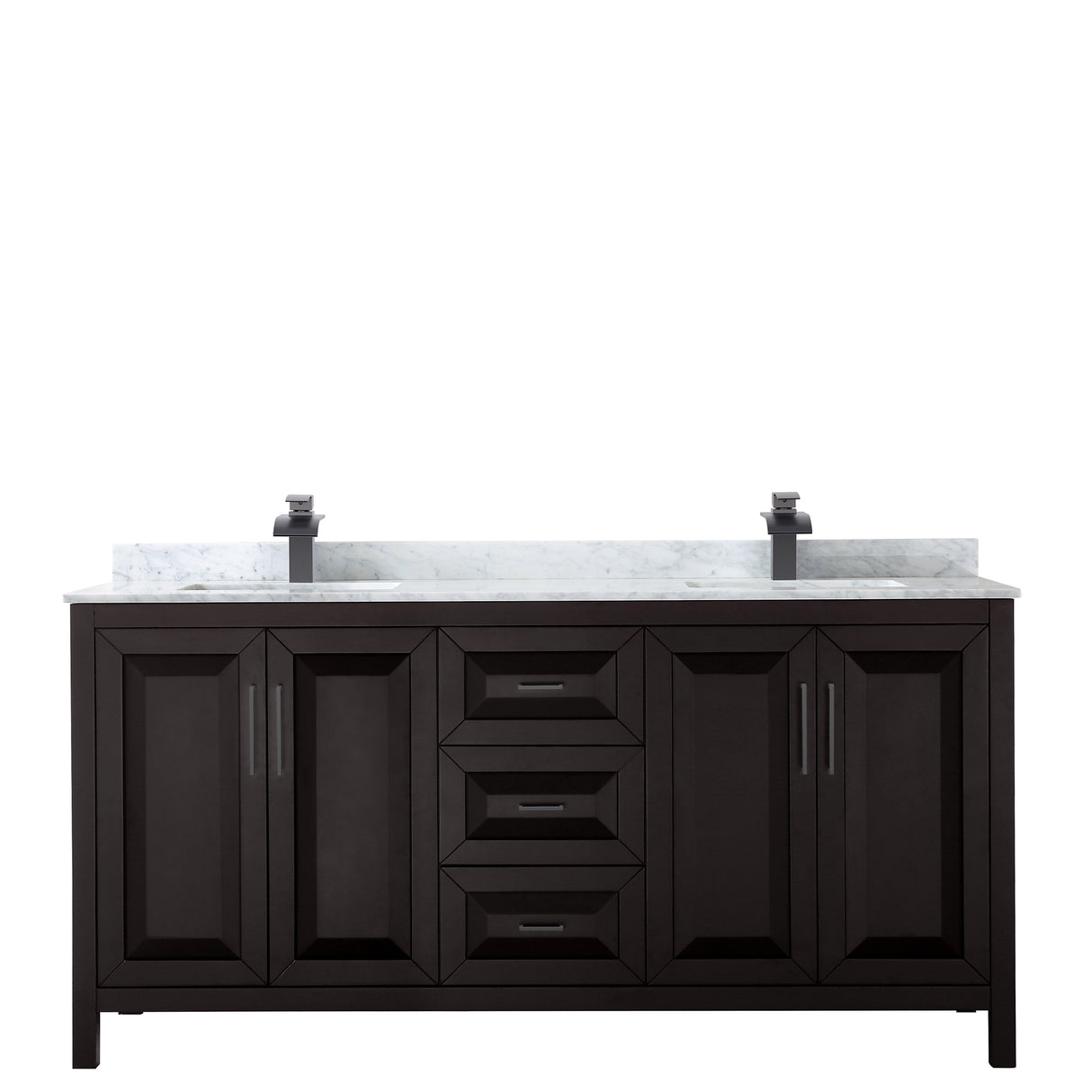 Daria 72 Inch Double Bathroom Vanity in Dark Espresso White Carrara Marble Countertop Undermount Square Sinks Matte Black Trim