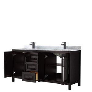 Daria 72 Inch Double Bathroom Vanity in Dark Espresso White Carrara Marble Countertop Undermount Square Sinks Matte Black Trim