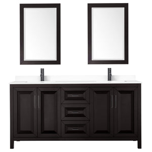 Daria 72 Inch Double Bathroom Vanity in Dark Espresso White Cultured Marble Countertop Undermount Square Sinks Matte Black Trim 24 Inch Mirrors