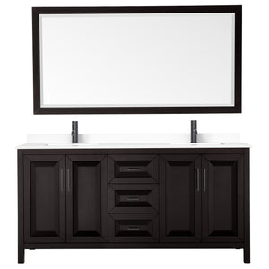 Daria 72 Inch Double Bathroom Vanity in Dark Espresso White Cultured Marble Countertop Undermount Square Sinks Matte Black Trim 70 Inch Mirror