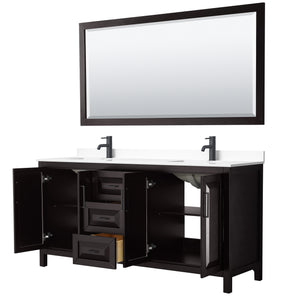 Daria 72 Inch Double Bathroom Vanity in Dark Espresso White Cultured Marble Countertop Undermount Square Sinks Matte Black Trim 70 Inch Mirror