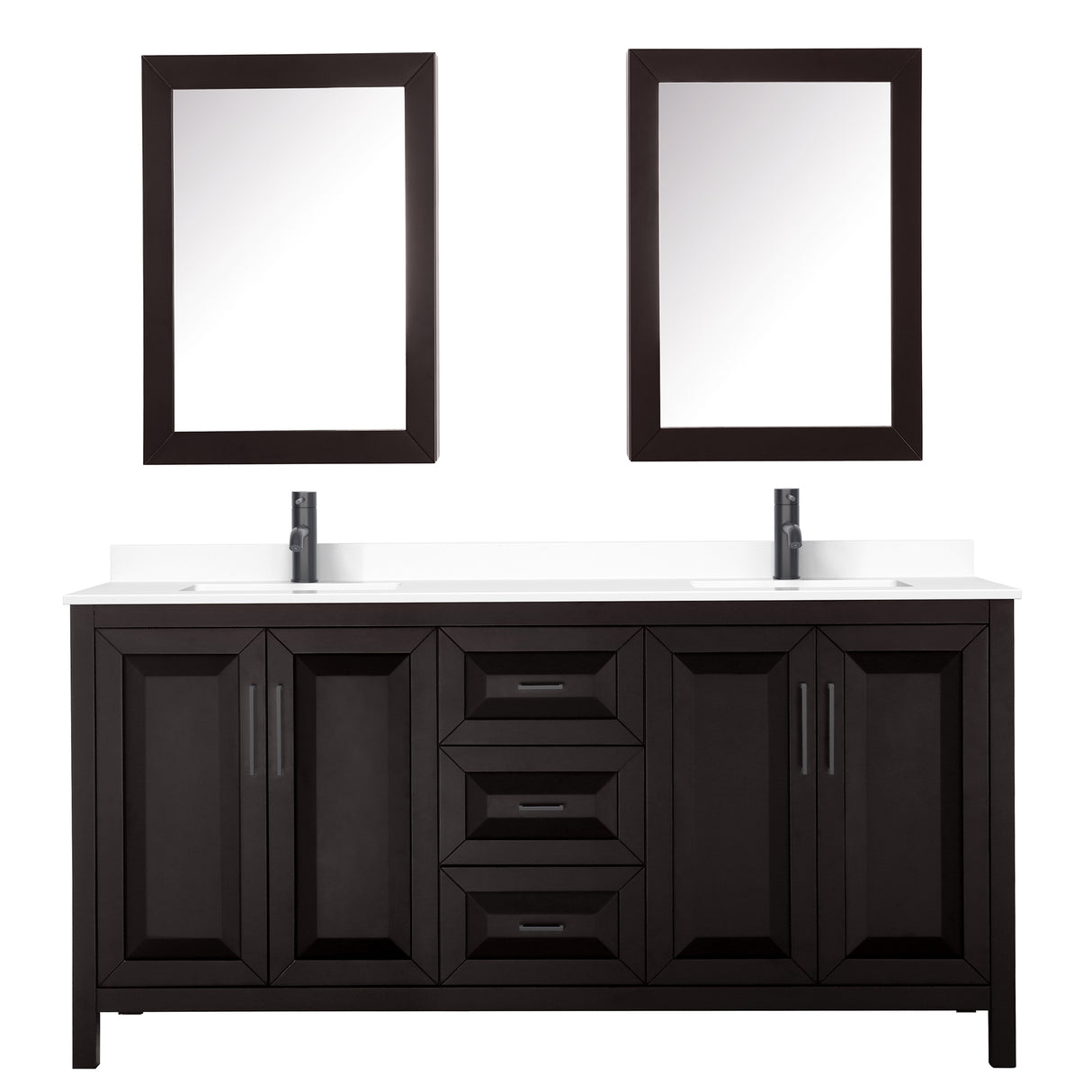 Daria 72 Inch Double Bathroom Vanity in Dark Espresso White Cultured Marble Countertop Undermount Square Sinks Matte Black Trim Medicine Cabinets