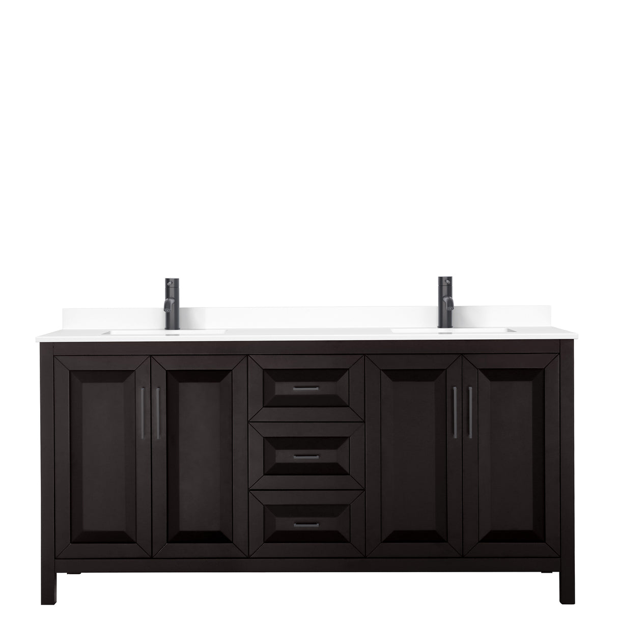 Daria 72 Inch Double Bathroom Vanity in Dark Espresso White Cultured Marble Countertop Undermount Square Sinks Matte Black Trim