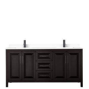 Daria 72 Inch Double Bathroom Vanity in Dark Espresso White Cultured Marble Countertop Undermount Square Sinks Matte Black Trim