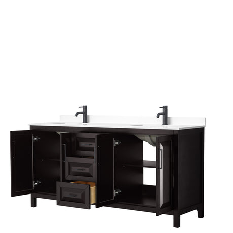 Daria 72 Inch Double Bathroom Vanity in Dark Espresso White Cultured Marble Countertop Undermount Square Sinks Matte Black Trim