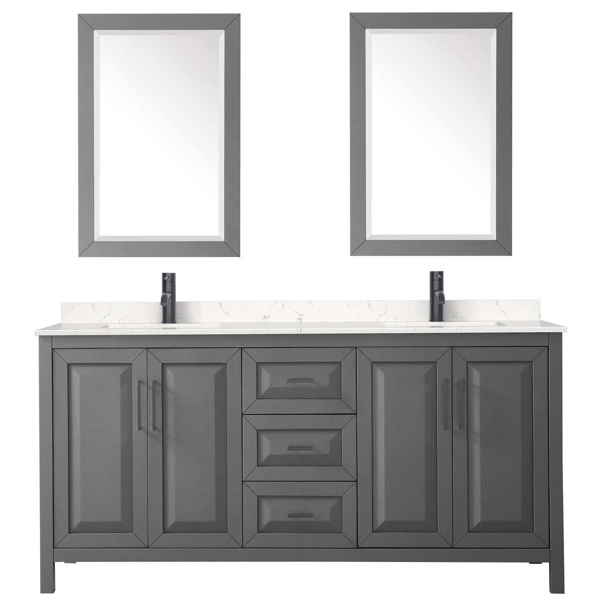 Daria 72 Inch Double Bathroom Vanity in Dark Gray Carrara Cultured Marble Countertop Undermount Square Sinks Matte Black Trim 24 Inch Mirrors
