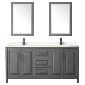 Daria 72 Inch Double Bathroom Vanity in Dark Gray Carrara Cultured Marble Countertop Undermount Square Sinks Matte Black Trim 24 Inch Mirrors