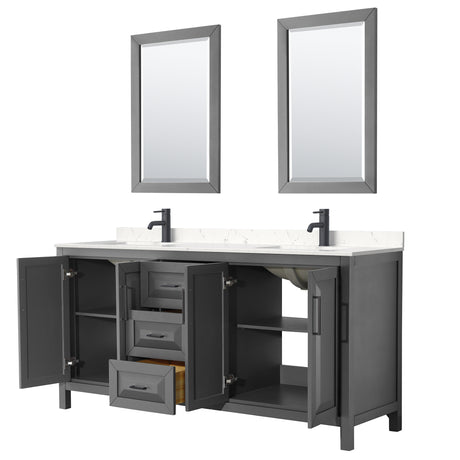 Daria 72 Inch Double Bathroom Vanity in Dark Gray Carrara Cultured Marble Countertop Undermount Square Sinks Matte Black Trim 24 Inch Mirrors