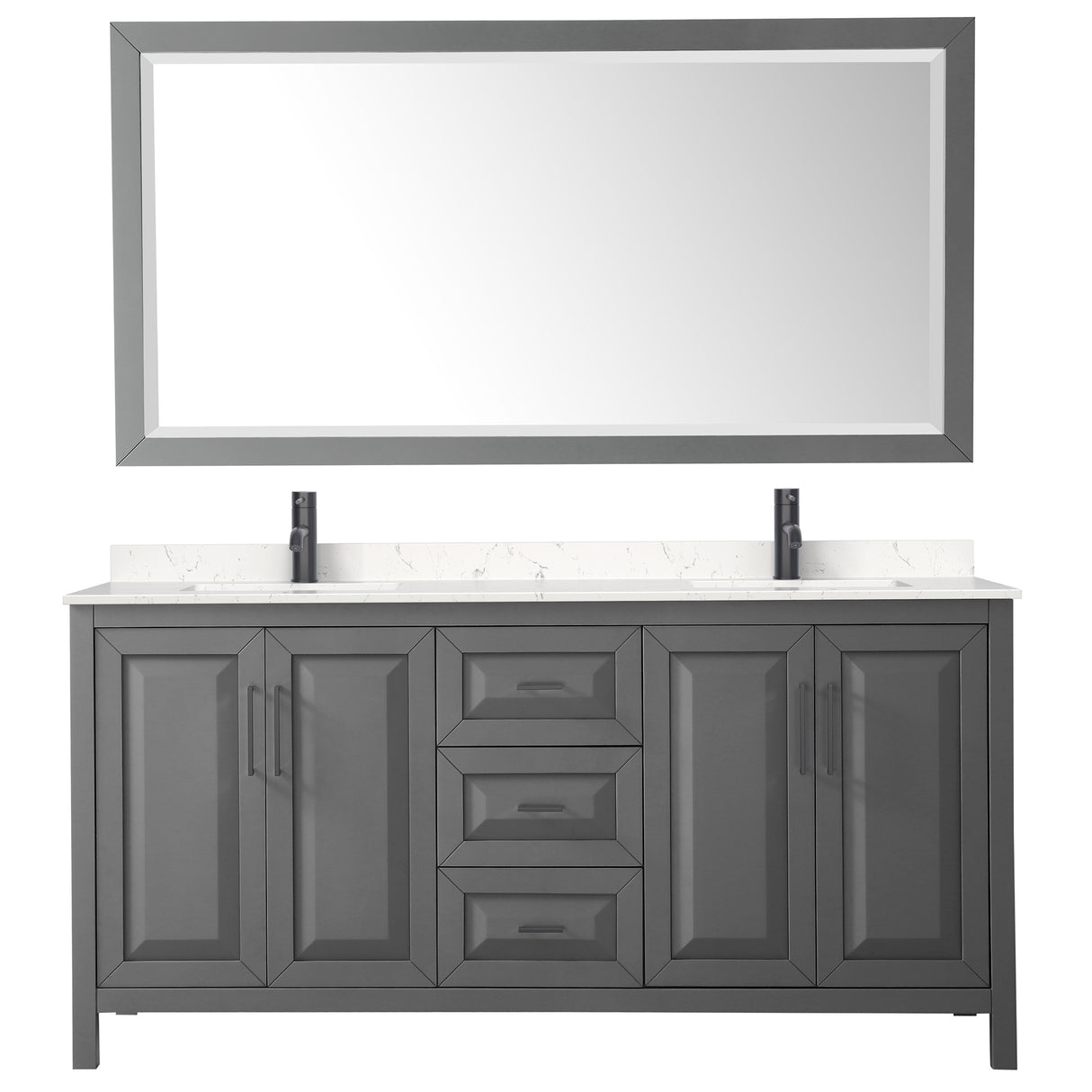 Daria 72 Inch Double Bathroom Vanity in Dark Gray Carrara Cultured Marble Countertop Undermount Square Sinks Matte Black Trim 70 Inch Mirror