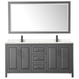 Daria 72 Inch Double Bathroom Vanity in Dark Gray Carrara Cultured Marble Countertop Undermount Square Sinks Matte Black Trim 70 Inch Mirror