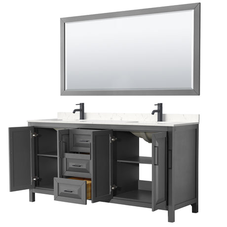 Daria 72 Inch Double Bathroom Vanity in Dark Gray Carrara Cultured Marble Countertop Undermount Square Sinks Matte Black Trim 70 Inch Mirror