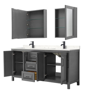 Daria 72 Inch Double Bathroom Vanity in Dark Gray Carrara Cultured Marble Countertop Undermount Square Sinks Matte Black Trim Medicine Cabinets