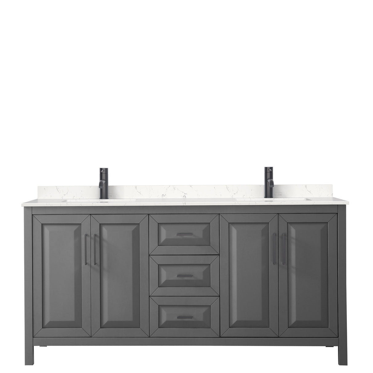 Daria 72 Inch Double Bathroom Vanity in Dark Gray Carrara Cultured Marble Countertop Undermount Square Sinks Matte Black Trim