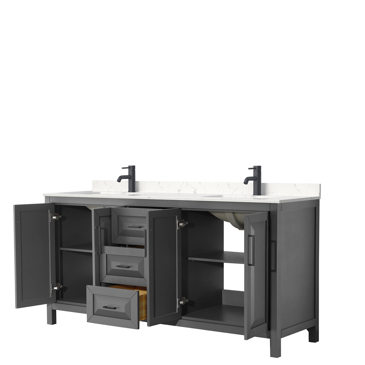 Daria 72 Inch Double Bathroom Vanity in Dark Gray Carrara Cultured Marble Countertop Undermount Square Sinks Matte Black Trim