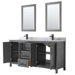 Daria 72 Inch Double Bathroom Vanity in Dark Gray White Carrara Marble Countertop Undermount Square Sinks Matte Black Trim 24 Inch Mirrors
