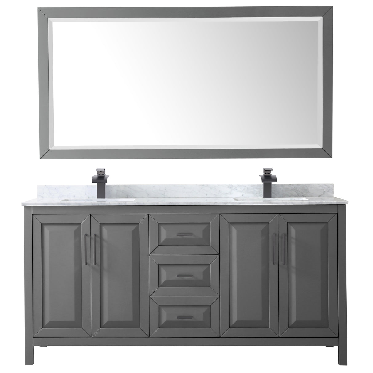 Daria 72 Inch Double Bathroom Vanity in Dark Gray White Carrara Marble Countertop Undermount Square Sinks Matte Black Trim 70 Inch Mirror