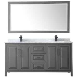 Daria 72 Inch Double Bathroom Vanity in Dark Gray White Carrara Marble Countertop Undermount Square Sinks Matte Black Trim 70 Inch Mirror