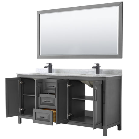 Daria 72 Inch Double Bathroom Vanity in Dark Gray White Carrara Marble Countertop Undermount Square Sinks Matte Black Trim 70 Inch Mirror