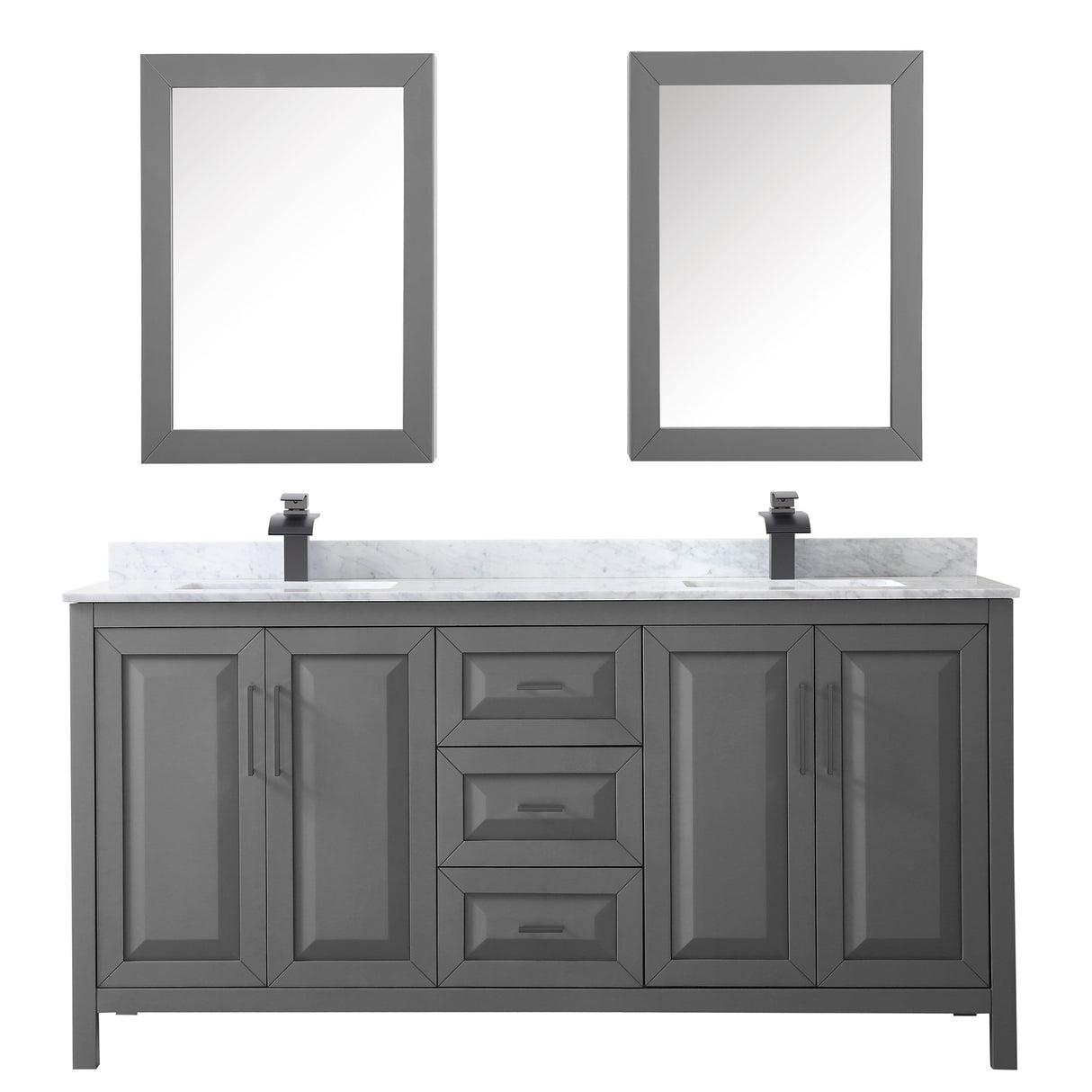 Daria 72 Inch Double Bathroom Vanity in Dark Gray White Carrara Marble Countertop Undermount Square Sinks Matte Black Trim Medicine Cabinets