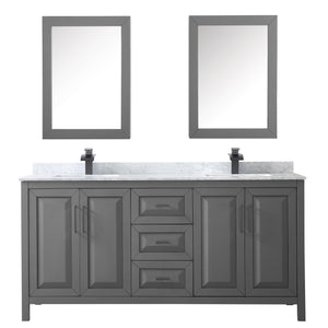 Daria 72 Inch Double Bathroom Vanity in Dark Gray White Carrara Marble Countertop Undermount Square Sinks Matte Black Trim Medicine Cabinets