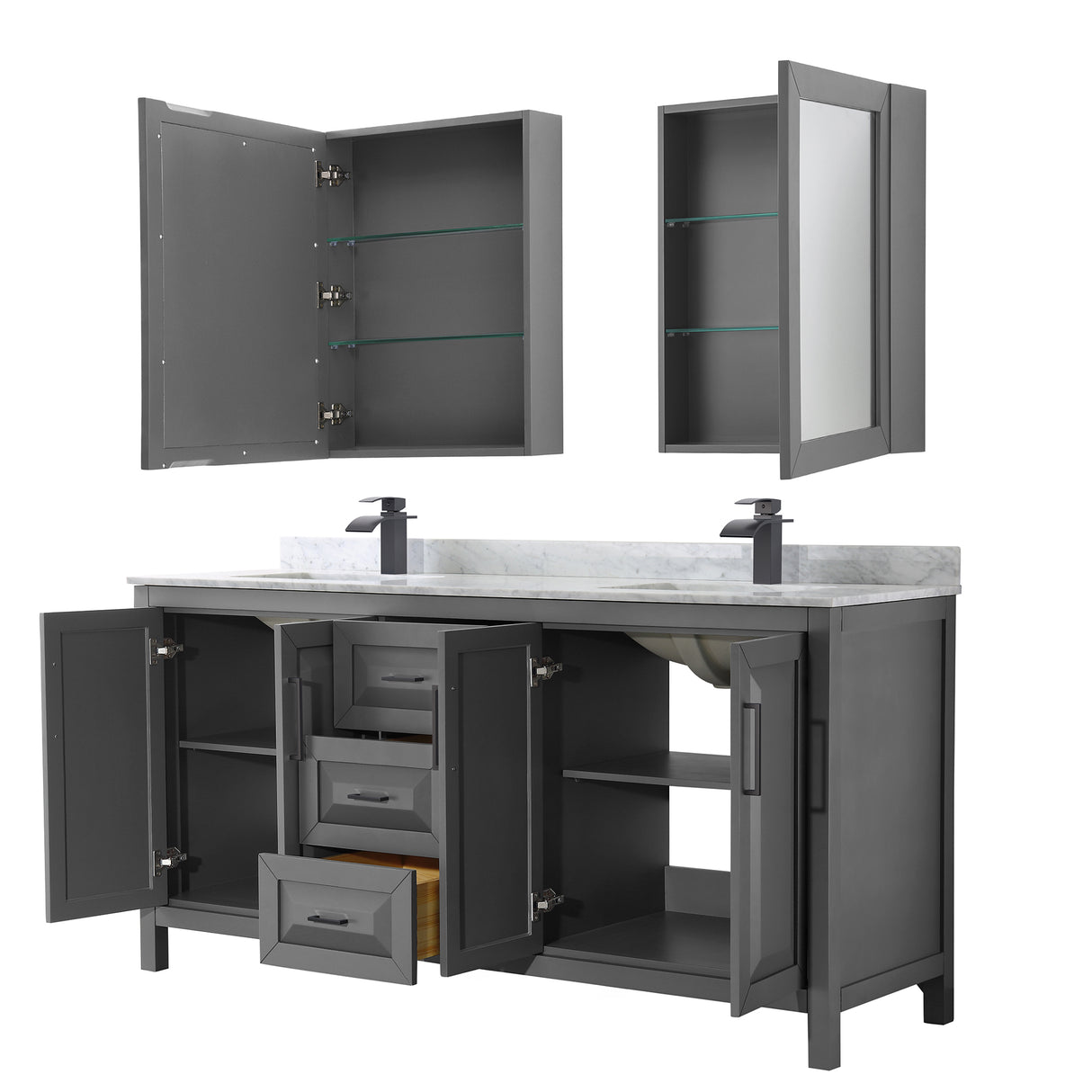 Daria 72 Inch Double Bathroom Vanity in Dark Gray White Carrara Marble Countertop Undermount Square Sinks Matte Black Trim Medicine Cabinets