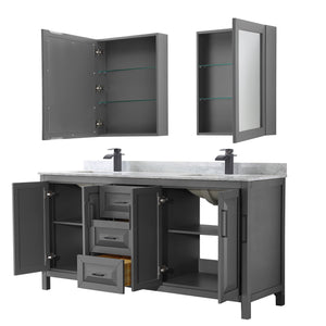 Daria 72 Inch Double Bathroom Vanity in Dark Gray White Carrara Marble Countertop Undermount Square Sinks Matte Black Trim Medicine Cabinets