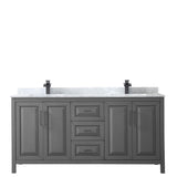 Daria 72 Inch Double Bathroom Vanity in Dark Gray White Carrara Marble Countertop Undermount Square Sinks Matte Black Trim