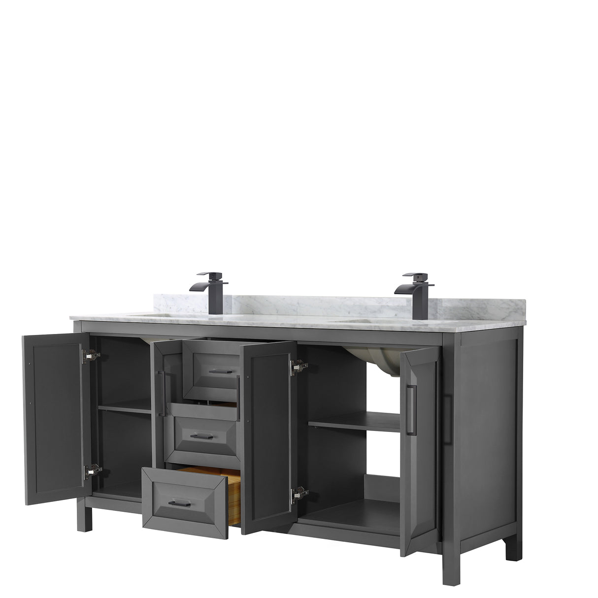 Daria 72 Inch Double Bathroom Vanity in Dark Gray White Carrara Marble Countertop Undermount Square Sinks Matte Black Trim