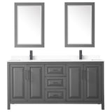 Daria 72 Inch Double Bathroom Vanity in Dark Gray White Cultured Marble Countertop Undermount Square Sinks Matte Black Trim 24 Inch Mirrors