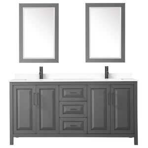 Daria 72 Inch Double Bathroom Vanity in Dark Gray White Cultured Marble Countertop Undermount Square Sinks Matte Black Trim 24 Inch Mirrors