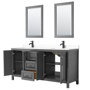 Daria 72 Inch Double Bathroom Vanity in Dark Gray White Cultured Marble Countertop Undermount Square Sinks Matte Black Trim 24 Inch Mirrors
