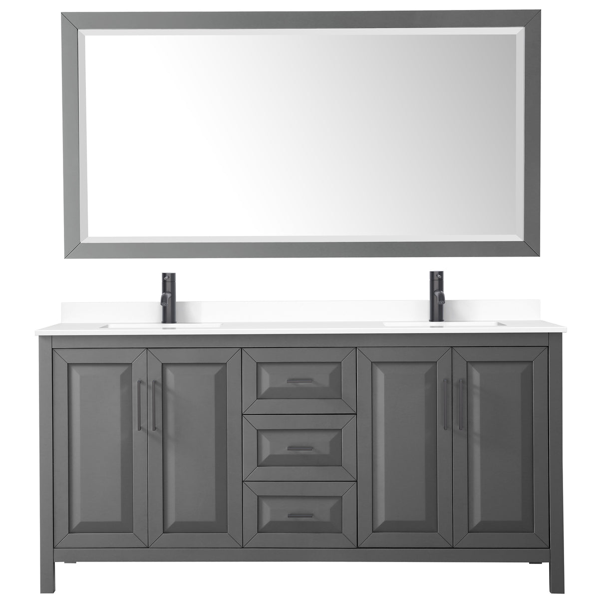 Daria 72 Inch Double Bathroom Vanity in Dark Gray White Cultured Marble Countertop Undermount Square Sinks Matte Black Trim 70 Inch Mirror