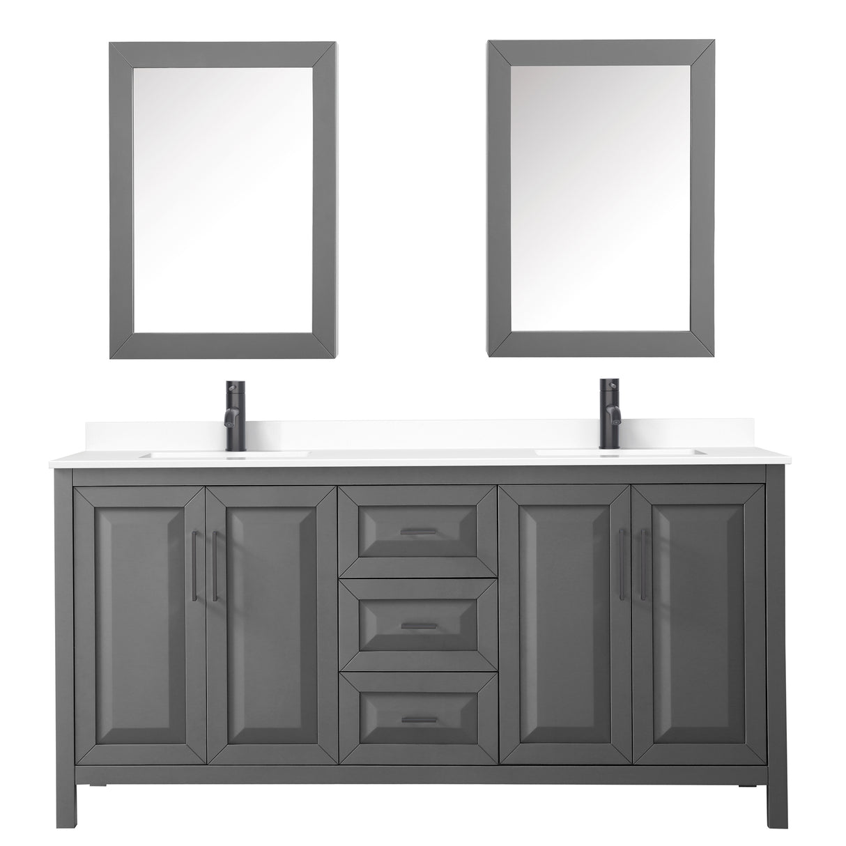 Daria 72 Inch Double Bathroom Vanity in Dark Gray White Cultured Marble Countertop Undermount Square Sinks Matte Black Trim Medicine Cabinets
