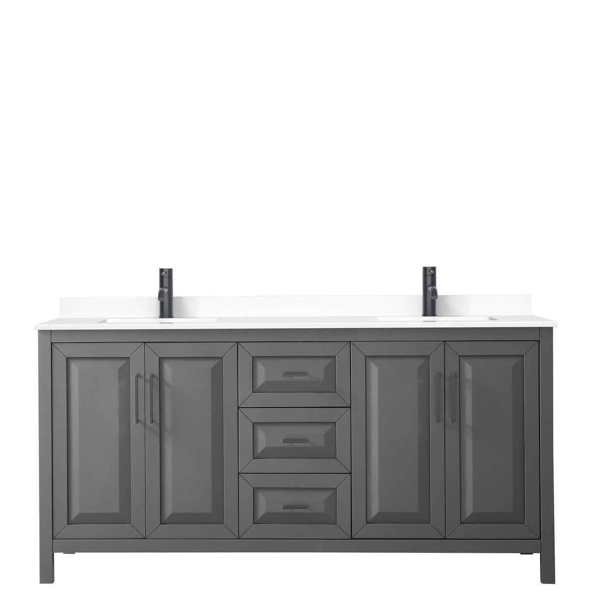 Daria 72 Inch Double Bathroom Vanity in Dark Gray White Cultured Marble Countertop Undermount Square Sinks Matte Black Trim