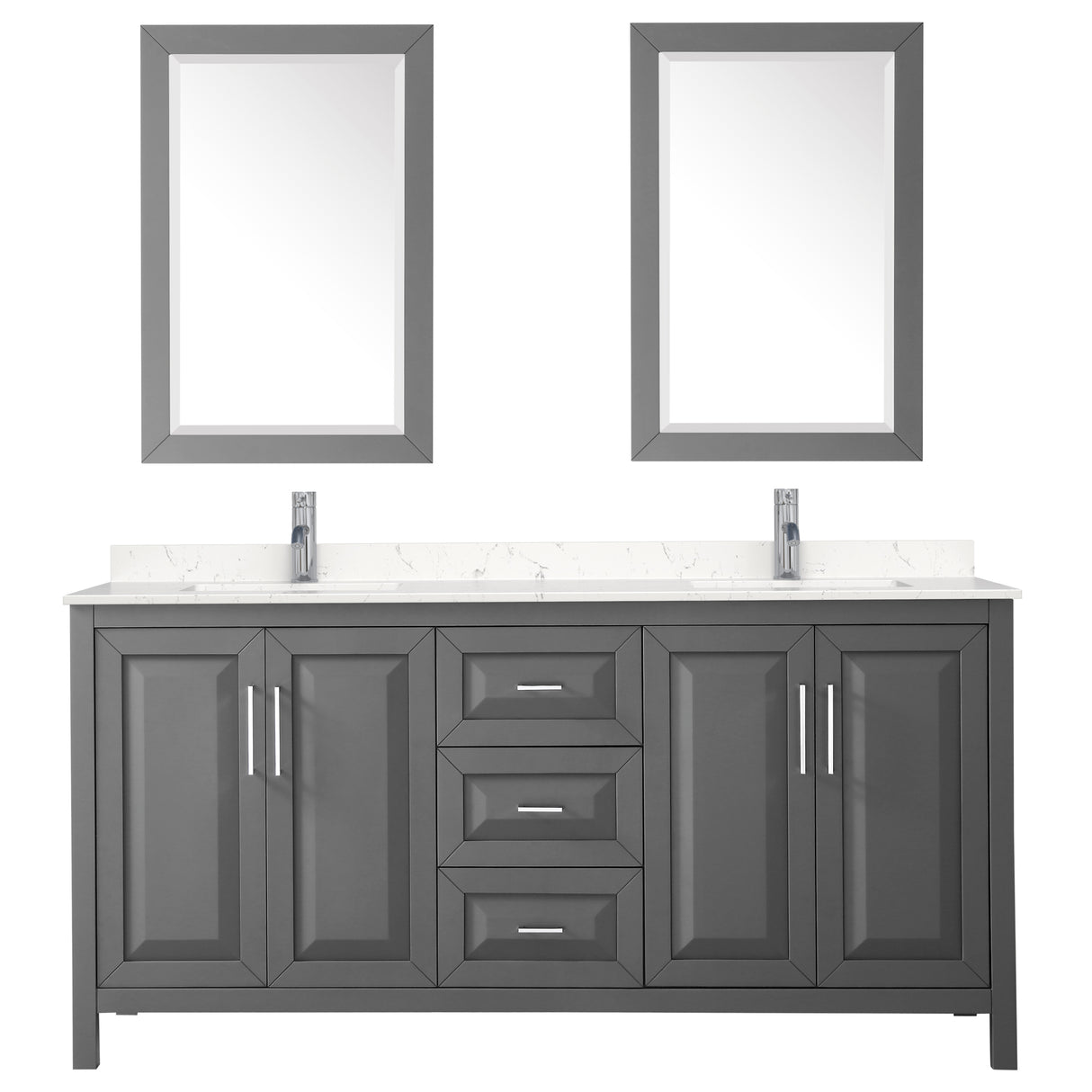 Daria 72 Inch Double Bathroom Vanity in Dark Gray Carrara Cultured Marble Countertop Undermount Square Sinks 24 Inch Mirrors