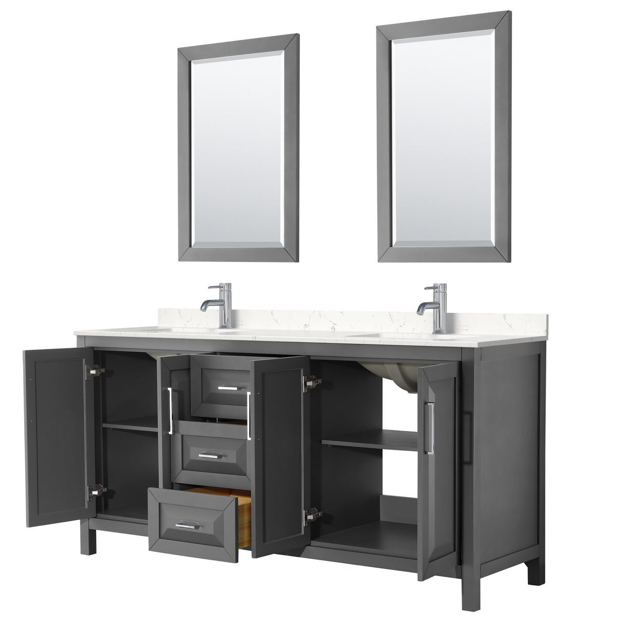 Daria 72 Inch Double Bathroom Vanity in Dark Gray Carrara Cultured Marble Countertop Undermount Square Sinks 24 Inch Mirrors