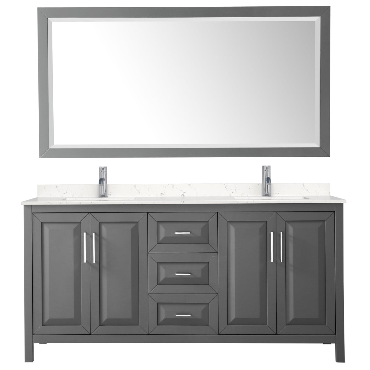 Daria 72 Inch Double Bathroom Vanity in Dark Gray Carrara Cultured Marble Countertop Undermount Square Sinks 70 Inch Mirror