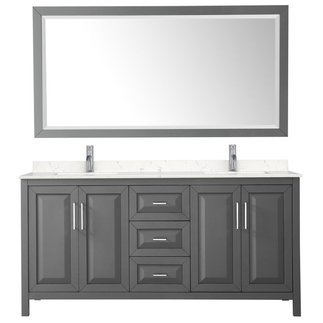 Daria 72 Inch Double Bathroom Vanity in Dark Gray Carrara Cultured Marble Countertop Undermount Square Sinks 70 Inch Mirror