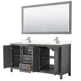 Daria 72 Inch Double Bathroom Vanity in Dark Gray Carrara Cultured Marble Countertop Undermount Square Sinks 70 Inch Mirror
