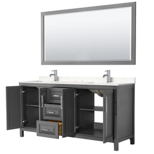 Daria 72 Inch Double Bathroom Vanity in Dark Gray Carrara Cultured Marble Countertop Undermount Square Sinks 70 Inch Mirror