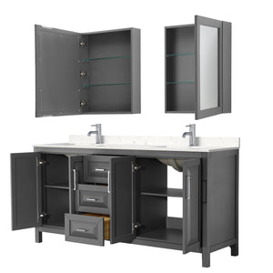 Daria 72 Inch Double Bathroom Vanity in Dark Gray Carrara Cultured Marble Countertop Undermount Square Sinks Medicine Cabinets