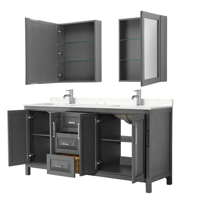 Daria 72 Inch Double Bathroom Vanity in Dark Gray Carrara Cultured Marble Countertop Undermount Square Sinks Medicine Cabinets