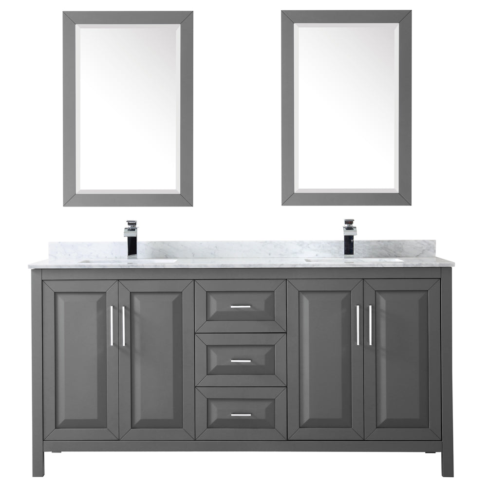 Daria 72 Inch Double Bathroom Vanity in Dark Gray White Carrara Marble Countertop Undermount Square Sinks and 24 Inch Mirrors