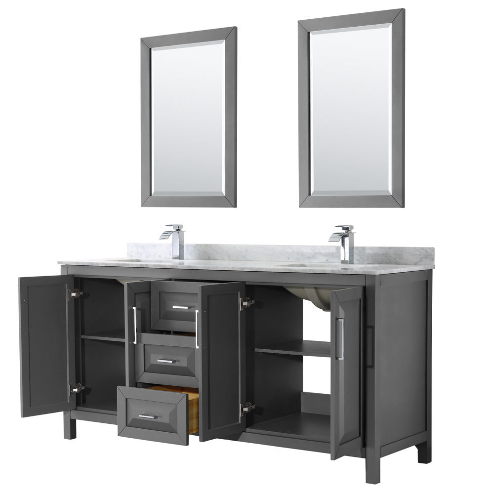 Daria 72 Inch Double Bathroom Vanity in Dark Gray White Carrara Marble Countertop Undermount Square Sinks and 24 Inch Mirrors