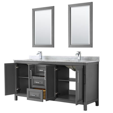 Daria 72 Inch Double Bathroom Vanity in Dark Gray White Carrara Marble Countertop Undermount Square Sinks and 24 Inch Mirrors