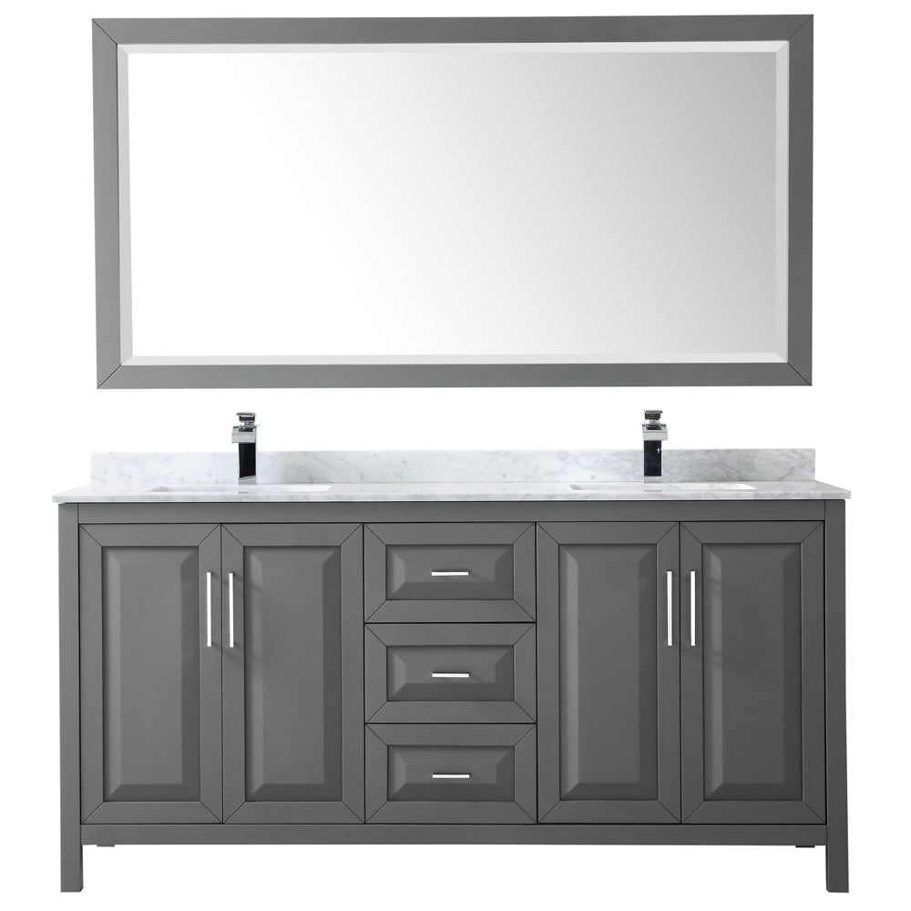 Daria 72 Inch Double Bathroom Vanity in Dark Gray White Carrara Marble Countertop Undermount Square Sinks and 70 Inch Mirror