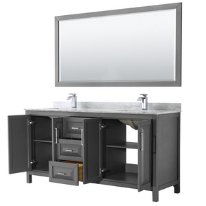 Daria 72 Inch Double Bathroom Vanity in Dark Gray White Carrara Marble Countertop Undermount Square Sinks and 70 Inch Mirror