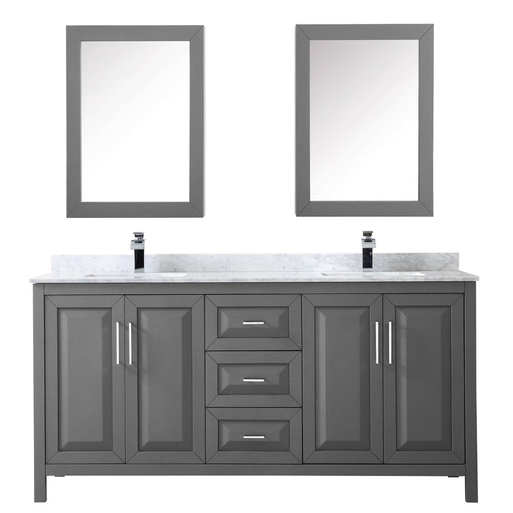 Daria 72 Inch Double Bathroom Vanity in Dark Gray White Carrara Marble Countertop Undermount Square Sinks and Medicine Cabinets