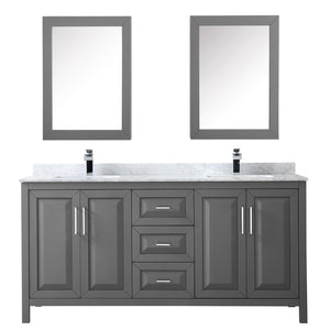 Daria 72 Inch Double Bathroom Vanity in Dark Gray White Carrara Marble Countertop Undermount Square Sinks and Medicine Cabinets